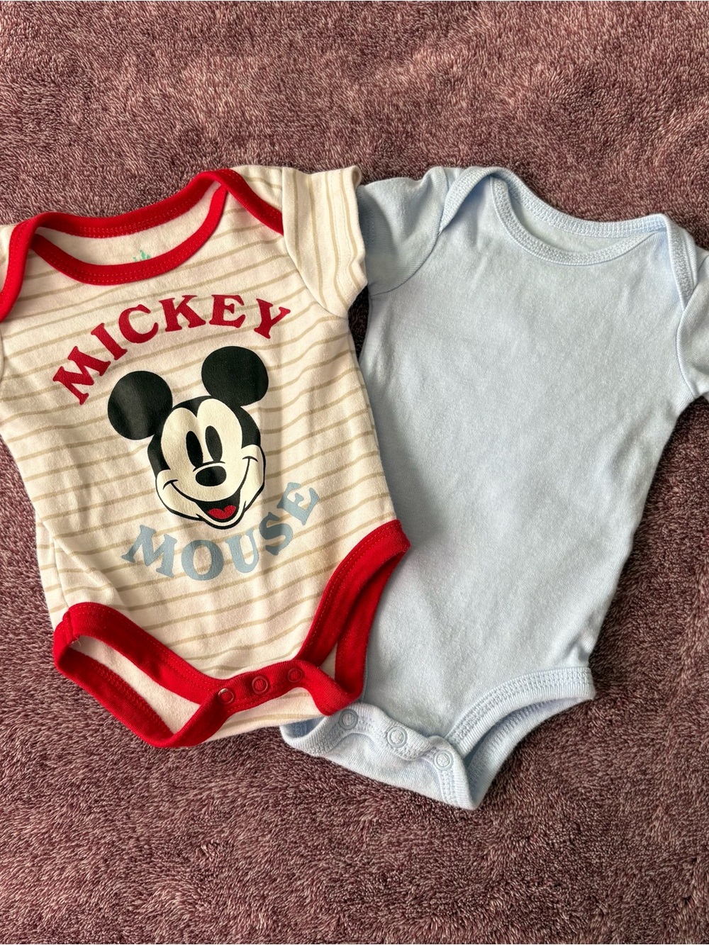 Disney Mickey Mouse Red Trim & Carter’s Light Blue Baby One-Piece Set